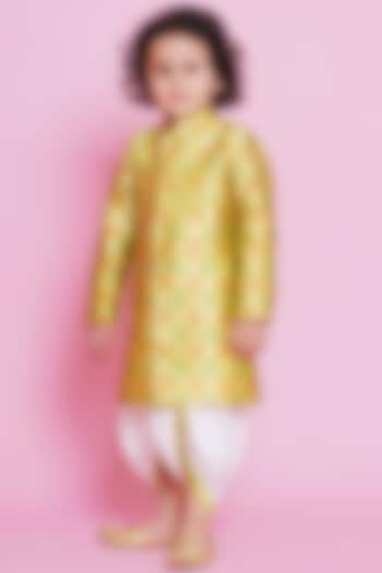 Green Brocade Embroidered Sherwani Set For Boys by Little Bansi at Pernia's Pop Up Shop