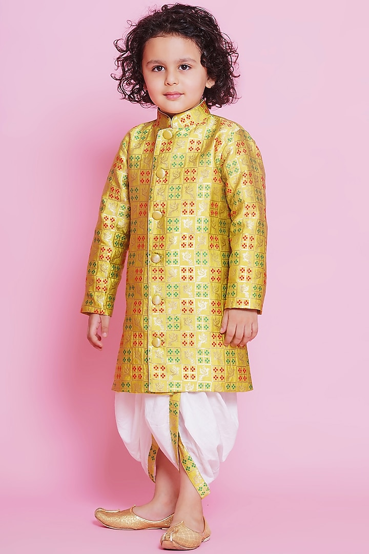 Green Brocade Embroidered Sherwani Set For Boys by Little Bansi