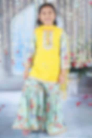 Yellow Cotton Floral Printed Sharara Set For Girls by Little Bansi at Pernia's Pop Up Shop