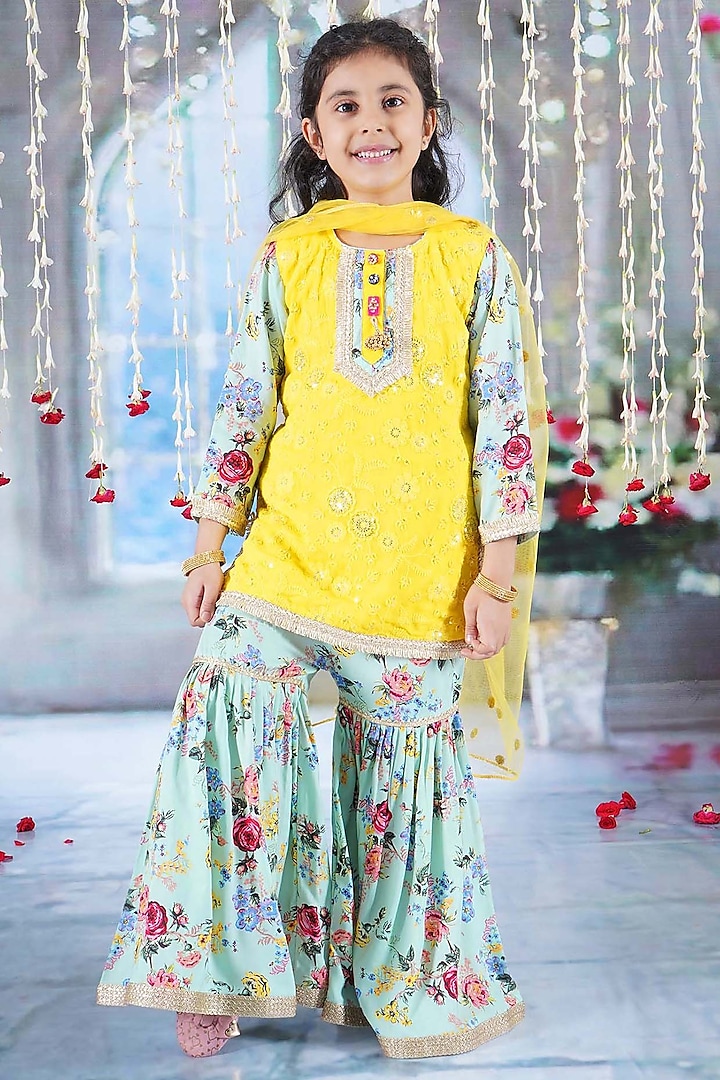 Yellow Cotton Floral Printed Sharara Set For Girls by Little Bansi at Pernia's Pop Up Shop