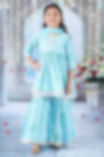 Sky Blue Cotton Floral Printed Sharara Set For Girls by Little Bansi at Pernia's Pop Up Shop