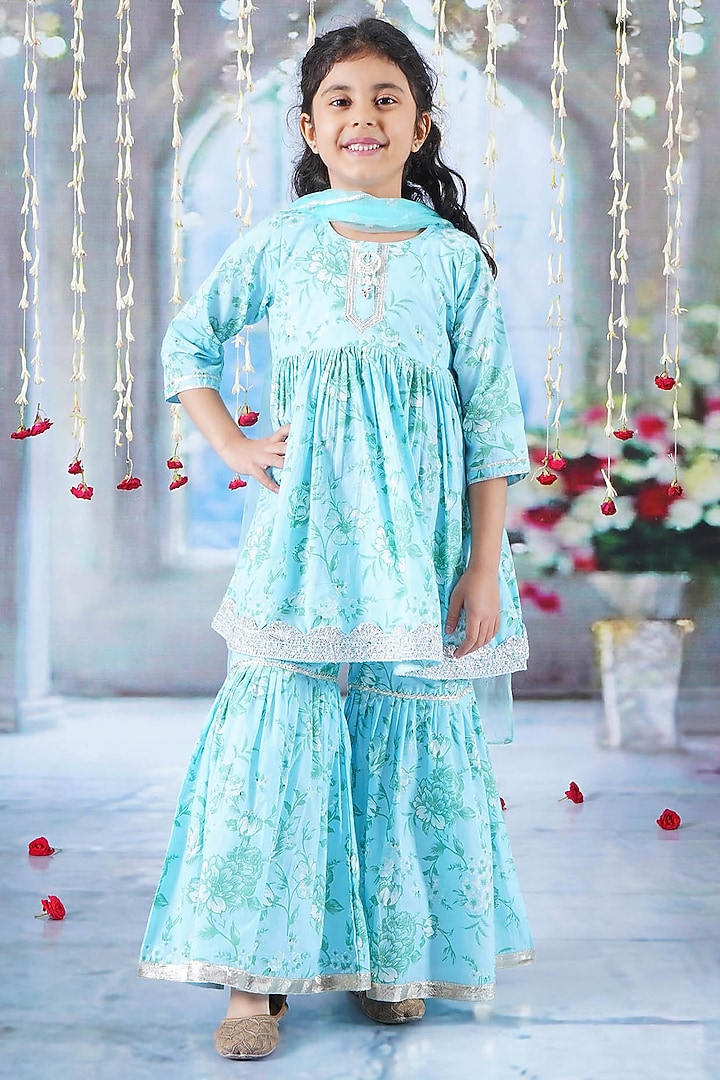 Sky Blue Cotton Floral Printed Sharara Set For Girls by Little Bansi at Pernia's Pop Up Shop