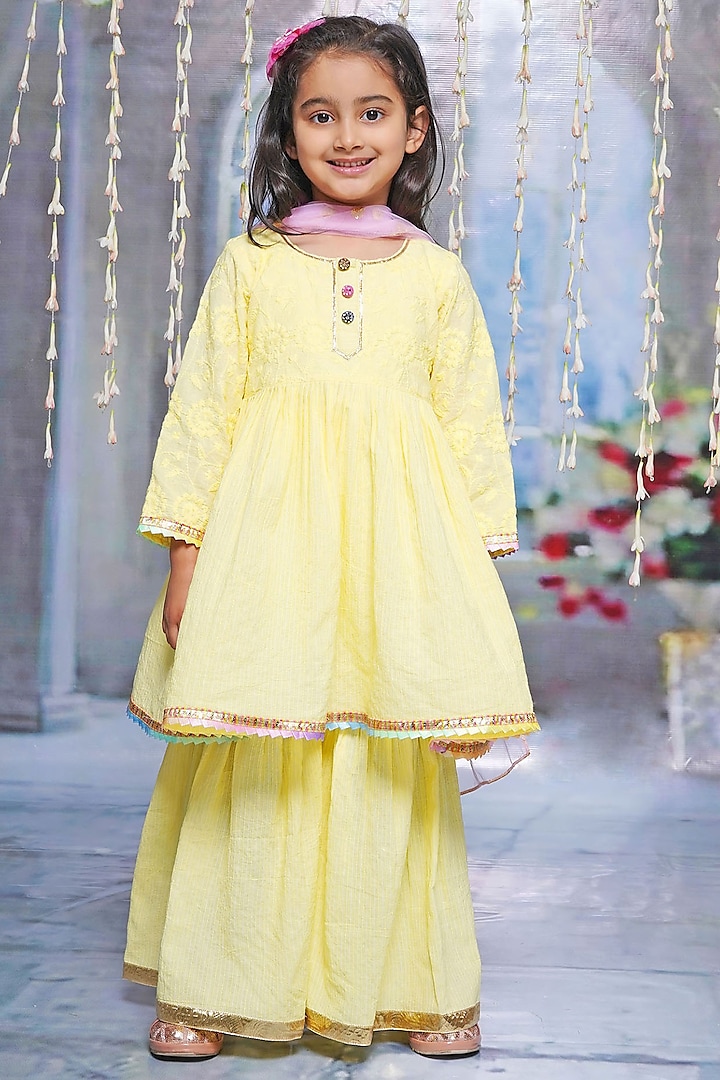 Yellow Cotton Sharara Set For Girls by Little Bansi at Pernia's Pop Up Shop