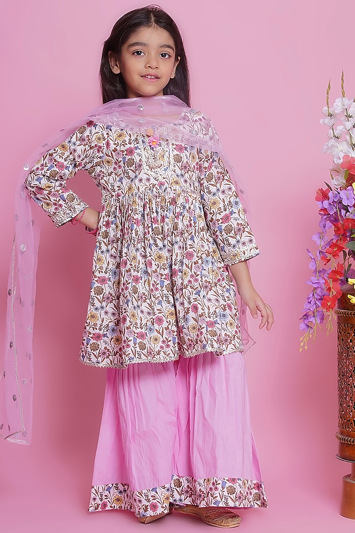 Pink Cotton Floral Printed Sharara Set For Girls by Little Bansi at Pernia's Pop Up Shop