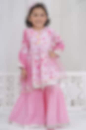 Pink Muslin Lace Hand Work Sharara Set For Girls by Little Bansi at Pernia's Pop Up Shop
