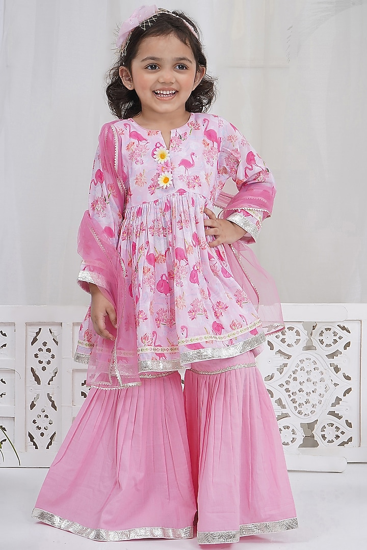 Pink Muslin Lace Hand Work Sharara Set For Girls by Little Bansi at Pernia's Pop Up Shop