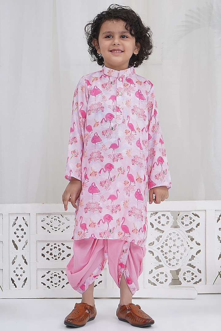 Pink Muslin Lace Handwork Kurta Set For Boys by Little Bansi at Pernia's Pop Up Shop