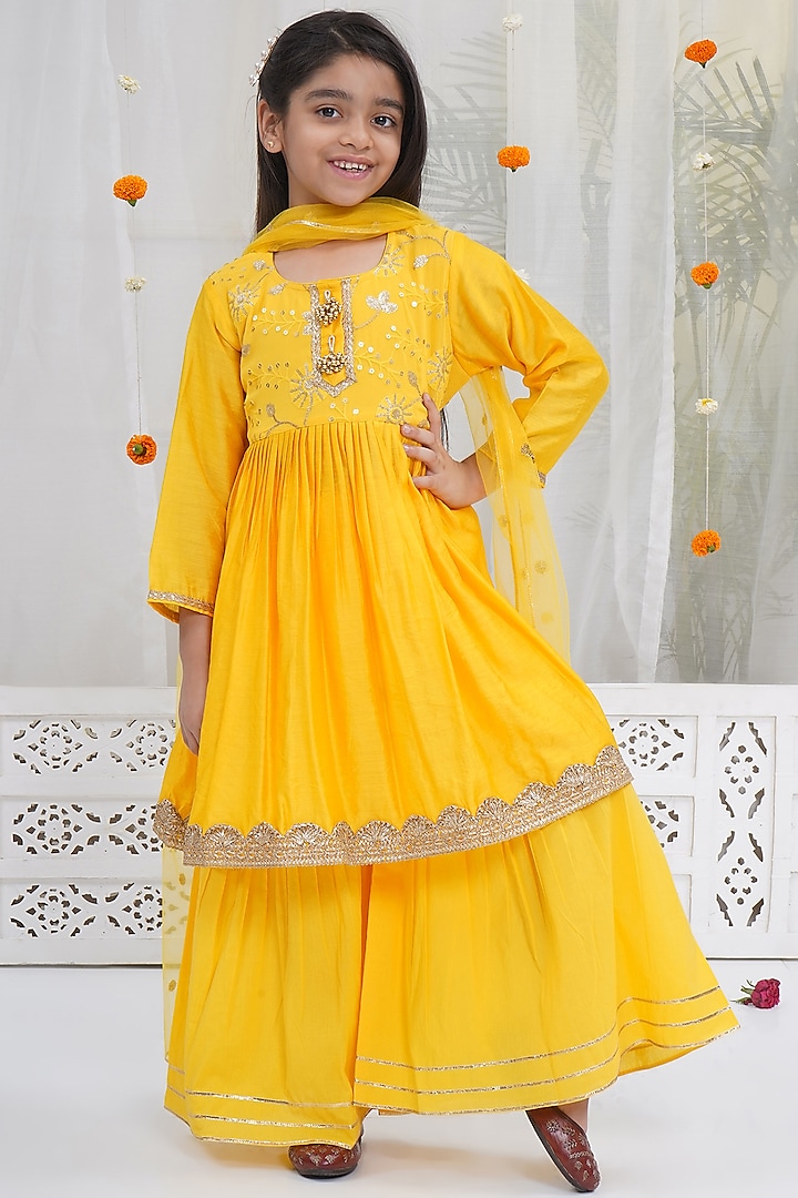 Haldi Yellow Cotton Sharara Set For Girls by Little Bansi at Pernia's Pop Up Shop