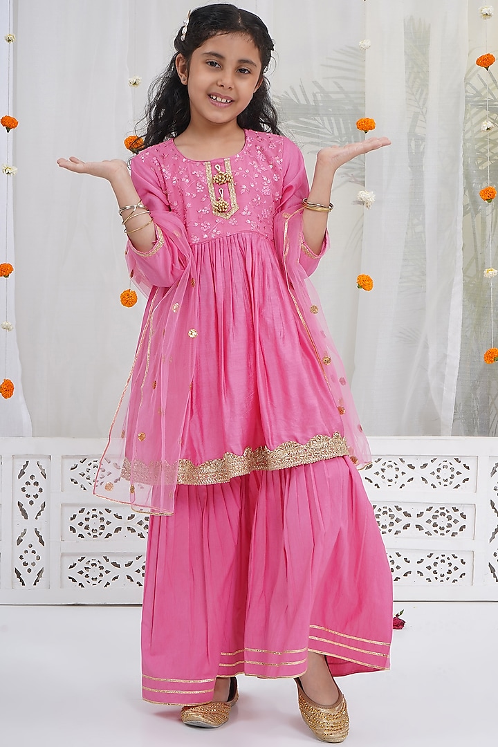 Cranberry Pink Cotton Sharara Set For Girls by Little Bansi at Pernia's Pop Up Shop
