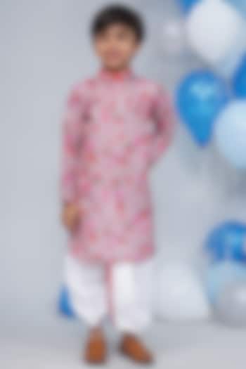 Dusky Rose Muslin Floral Printed Kurta Set For Boys by Little Bansi at Pernia's Pop Up Shop