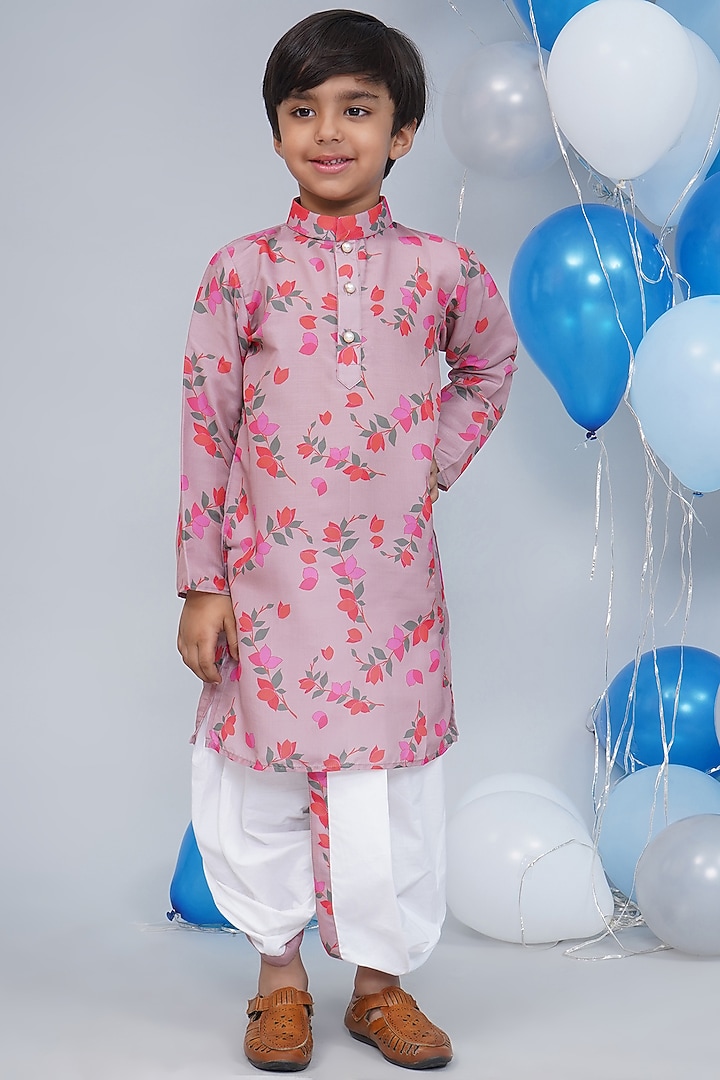 Dusky Rose Muslin Floral Printed Kurta Set For Boys by Little Bansi at Pernia's Pop Up Shop