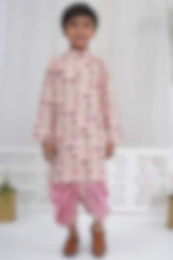 Peach Cotton Lotus Printed Kurta Set For Boys by Little Bansi at Pernia's Pop Up Shop