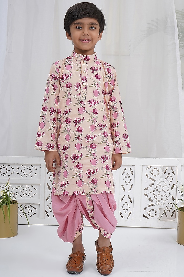 Peach Cotton Lotus Printed Kurta Set For Boys by Little Bansi at Pernia's Pop Up Shop