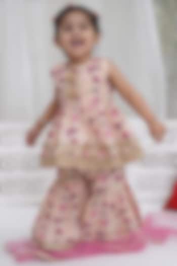 Peach Cotton Lotus Printed Sharara Set For Girls by Little Bansi at Pernia's Pop Up Shop