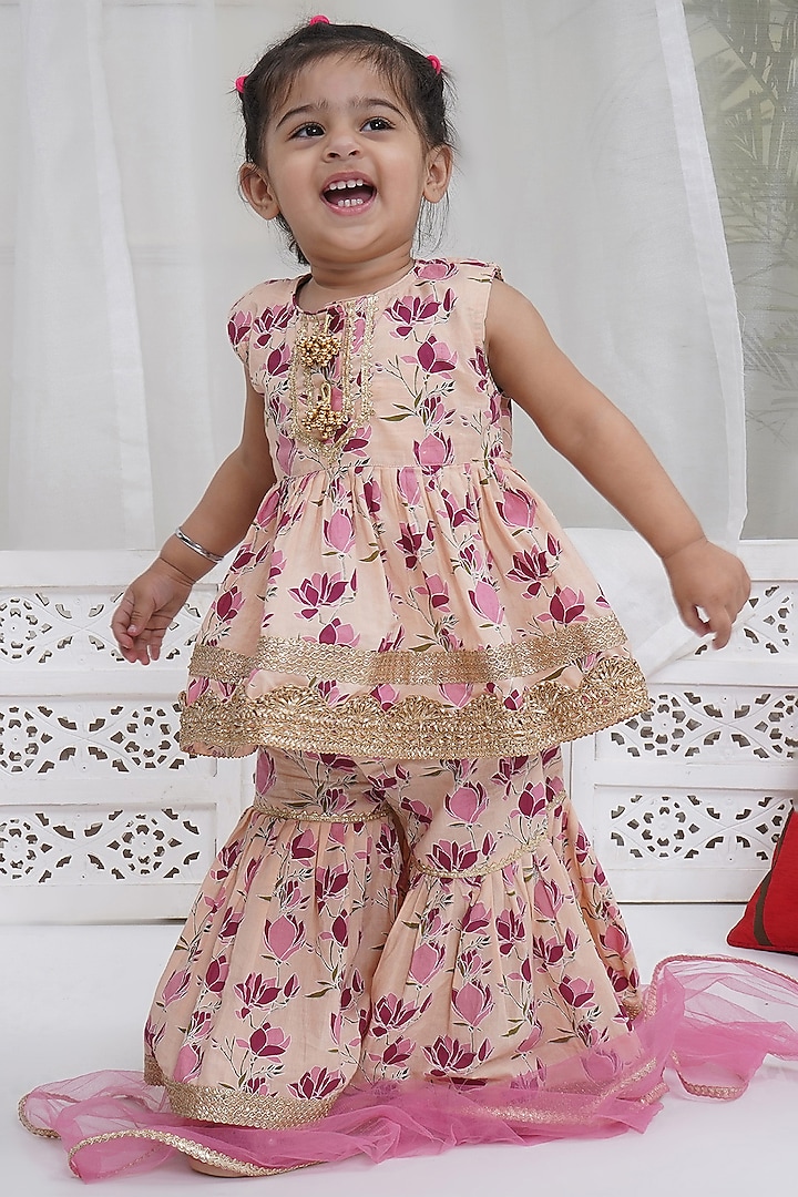 Peach Cotton Lotus Printed Sharara Set For Girls by Little Bansi at Pernia's Pop Up Shop