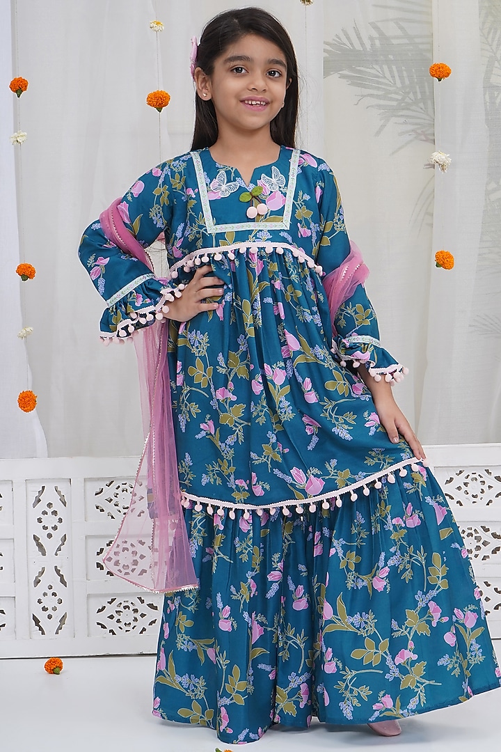 Turquoise Green Muslin Sharara Set For Girls by Little Bansi at Pernia's Pop Up Shop