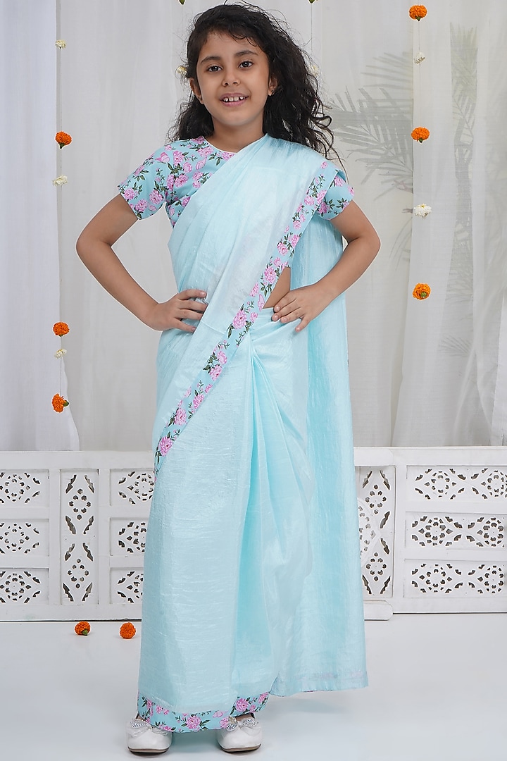 Blue Chanderi Silk Saree Set For Girls by Little Bansi at Pernia's Pop Up Shop