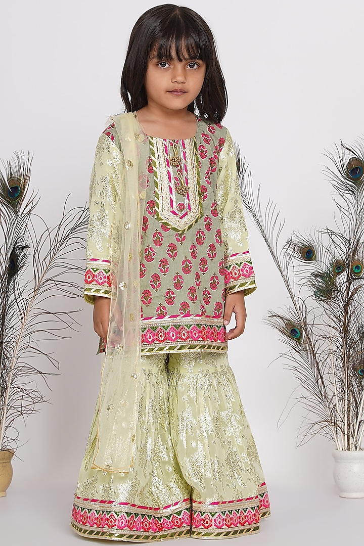 Green Printed Sharara Set For Girls by Little Bansi at Pernia's Pop Up Shop