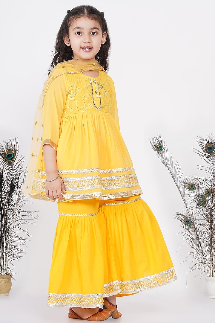 Yellow Cotton Sharara Set For Girls by Little Bansi