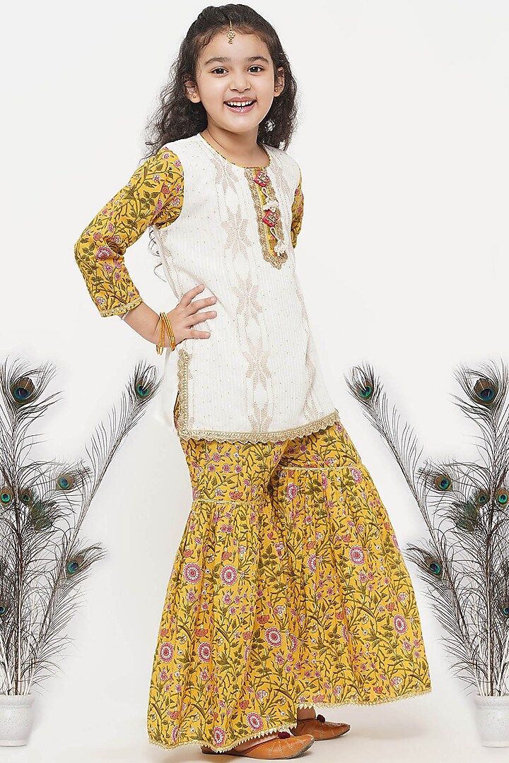 White & Yellow Embroidered Sharara Set For Girls by Little Bansi