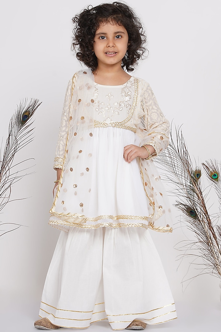White Cotton Sharara Set For Girls by Little Bansi