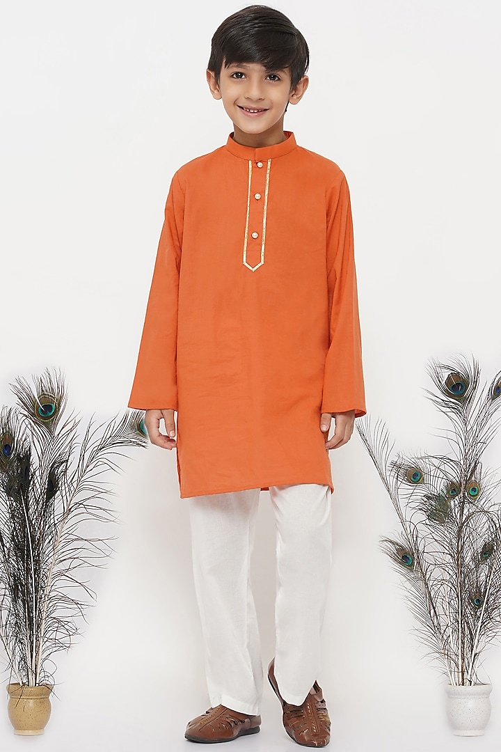 Orange Cotton Kurta Set For Boys by Little Bansi