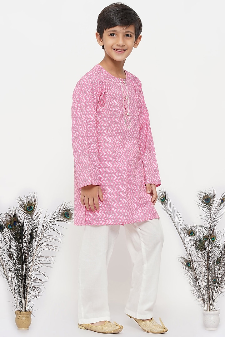 Pink Cotton Kurta Set For Boys by Little Bansi