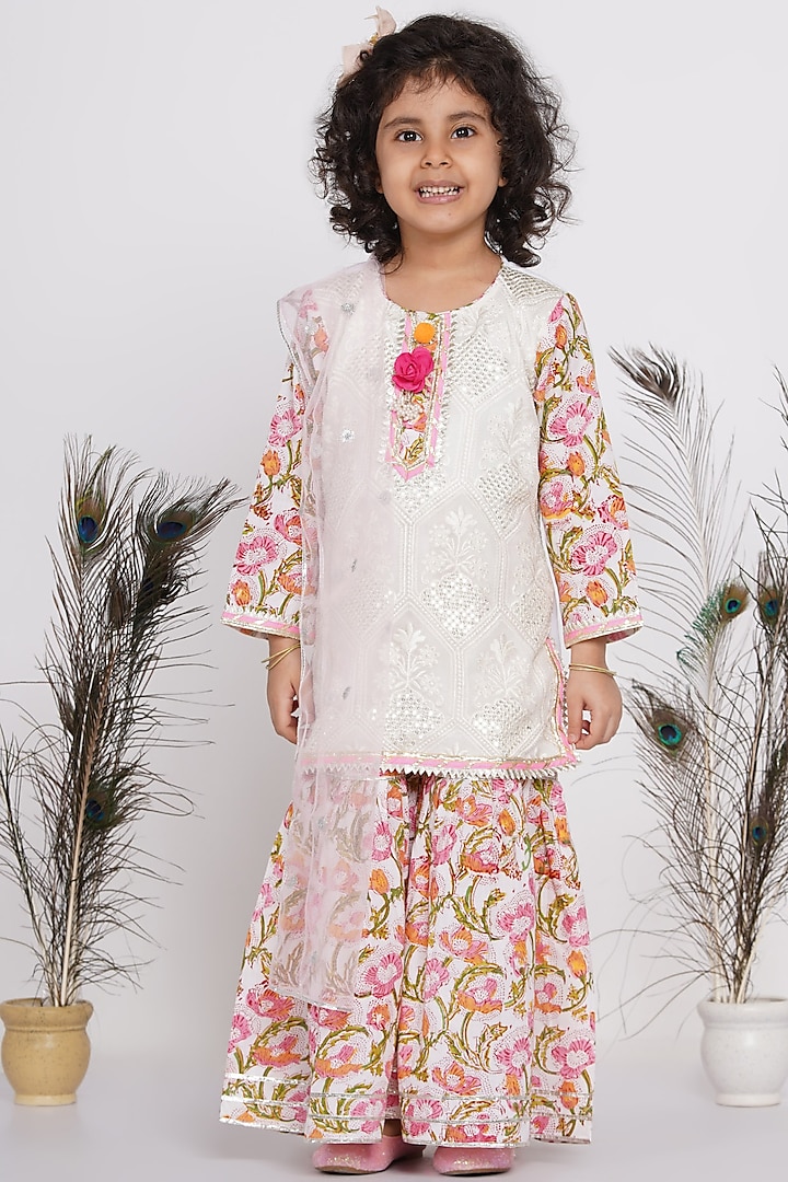 White Cotton Printed Sharara Set For Girls by Little Bansi