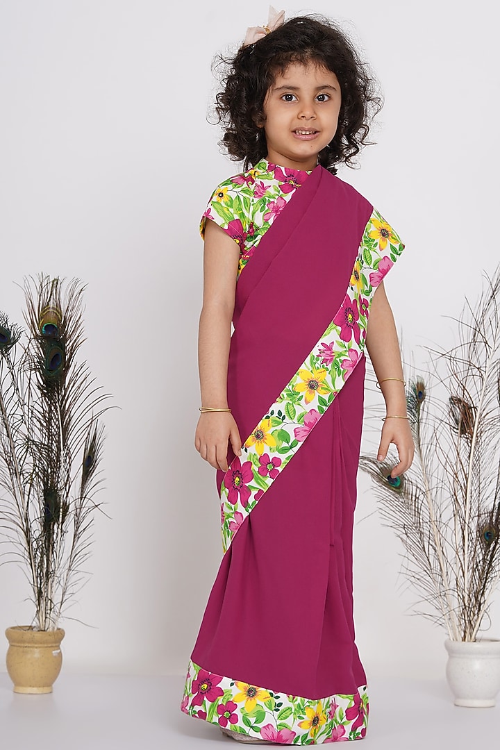 Pink Floral Printed Pre-Stitched Saree Set For Girls by Little Bansi at Pernia's Pop Up Shop