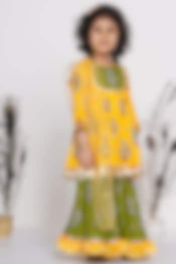 Yellow & Green Printed Sharara Set For Girls by Little Bansi