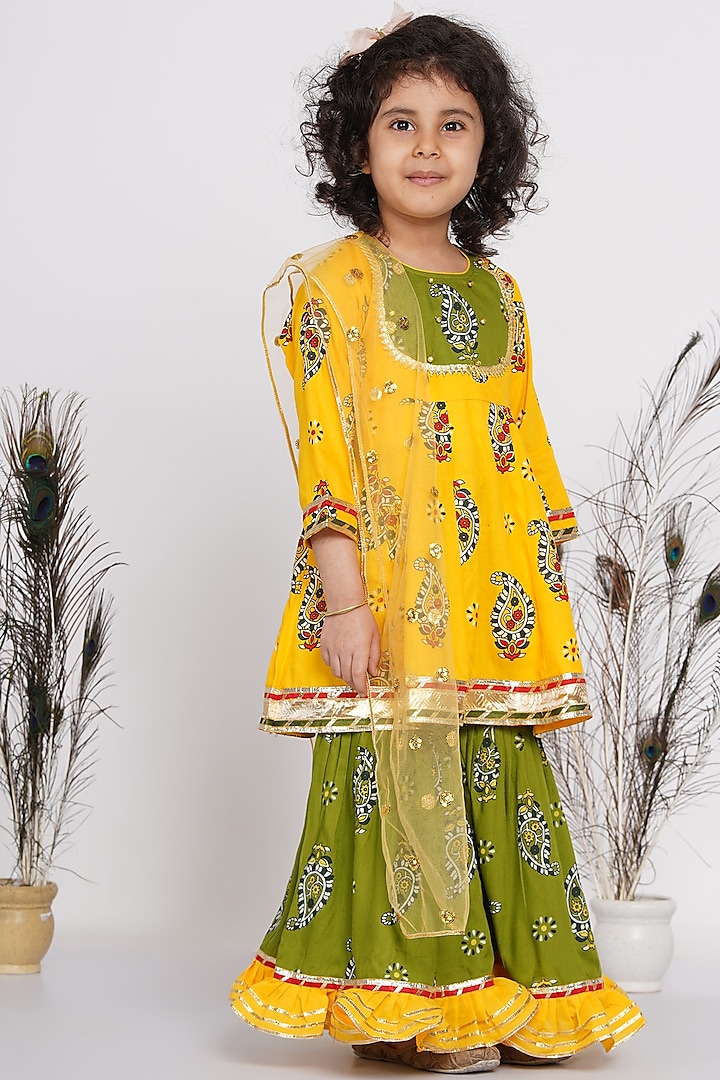 Yellow & Green Printed Sharara Set For Girls by Little Bansi