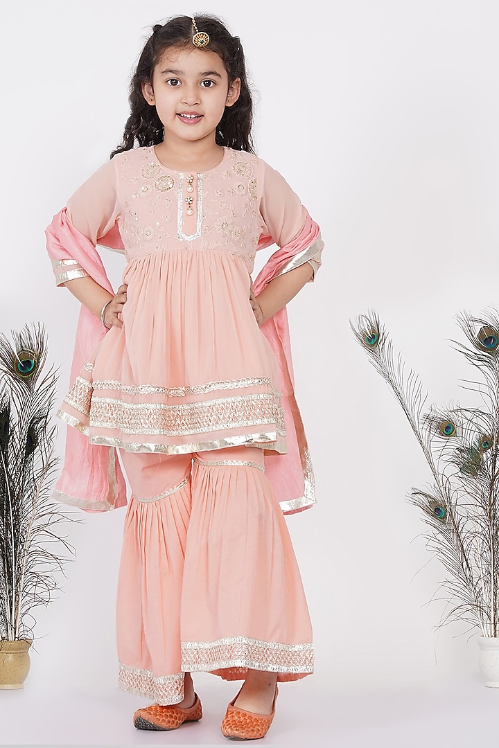 Peach Cotton Sharara Set For Girls by Little Bansi