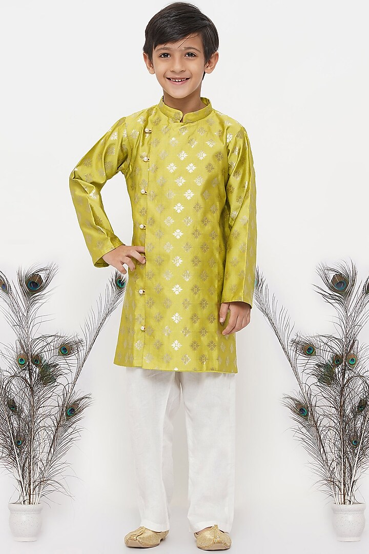 Apple Green Banarasi Silk Sherwani Set For Boys by Little Bansi