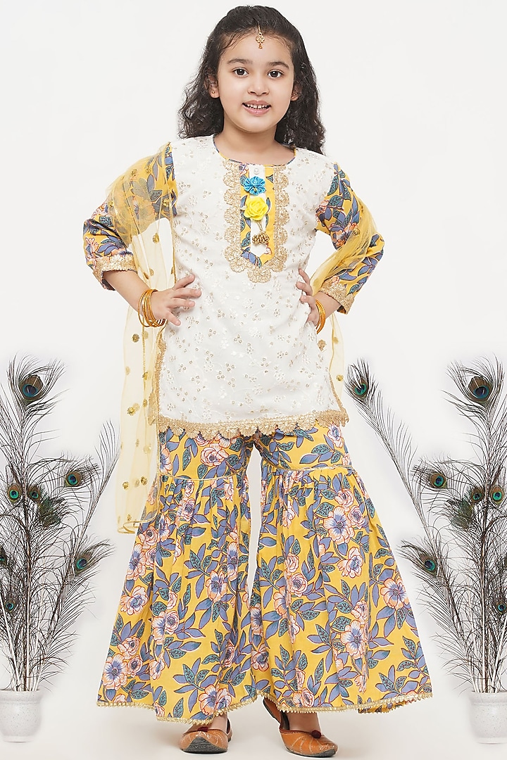 White & Yellow Printed Sharara Set For Girls by Little Bansi
