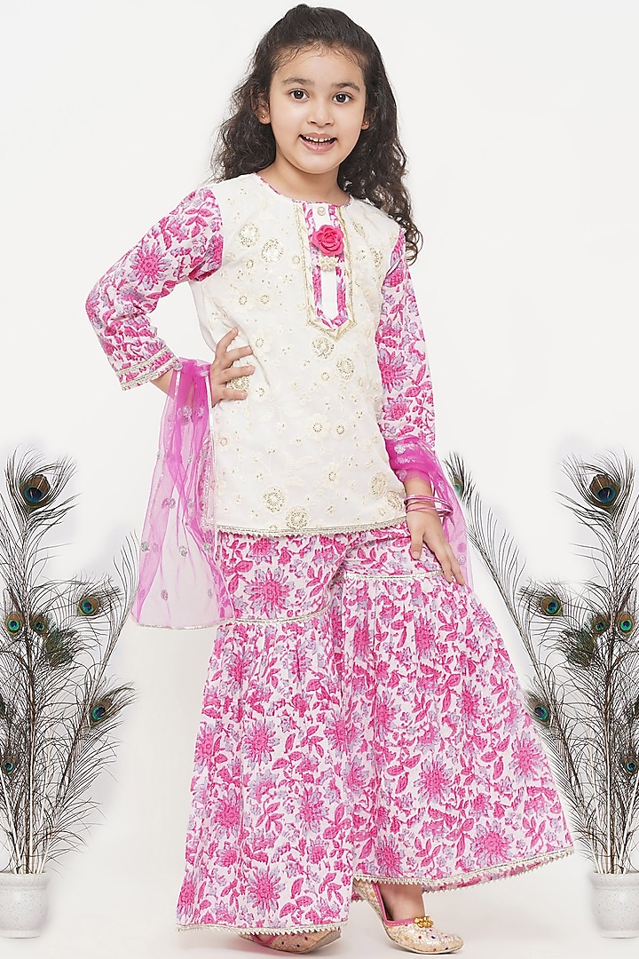 White & Pink Embroidered Sharara Set For Girls by Little Bansi