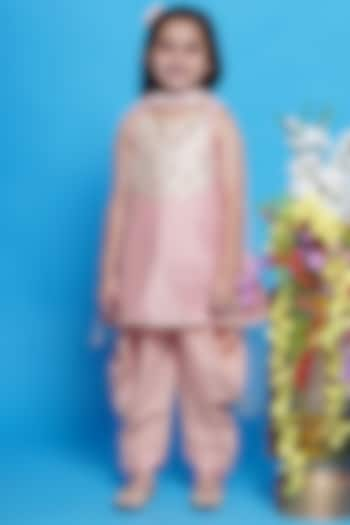 Peachish Pink Chanderi Embroidered & Printed Kurta Set For Girls by Little Bansi at Pernia's Pop Up Shop