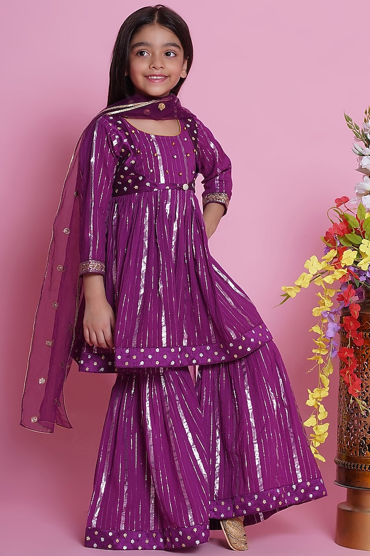 Purple Cotton Lurex Stripe Printed Sharara Set For Girls by Little Bansi at Pernia's Pop Up Shop