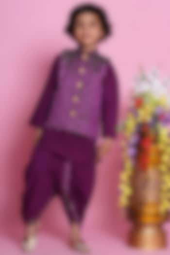 Purple Mulberry Silk Embroidered Bundi Jacket Set For Boys by Little Bansi