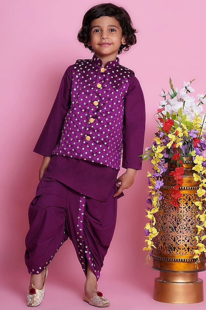 Purple Mulberry Silk Embroidered Bundi Jacket Set For Boys by Little Bansi