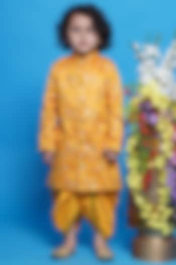 Yellow Mulberry Silk Floral Embroidered Sherwani Set For Boys by Little Bansi at Pernia's Pop Up Shop