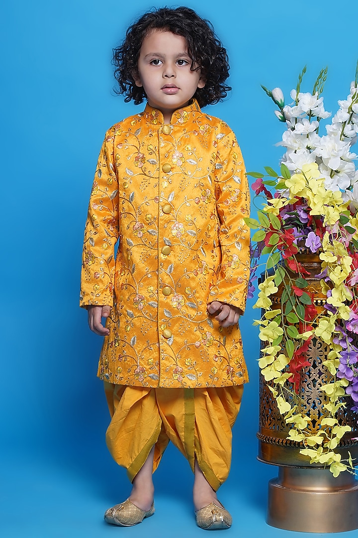 Yellow Mulberry Silk Floral Embroidered Sherwani Set For Boys by Little Bansi at Pernia's Pop Up Shop