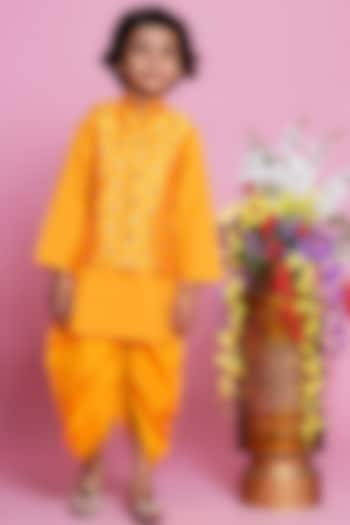 Yellow Mulberry Silk Embroidered Bundi Jacket Set For Boys by Little Bansi at Pernia's Pop Up Shop