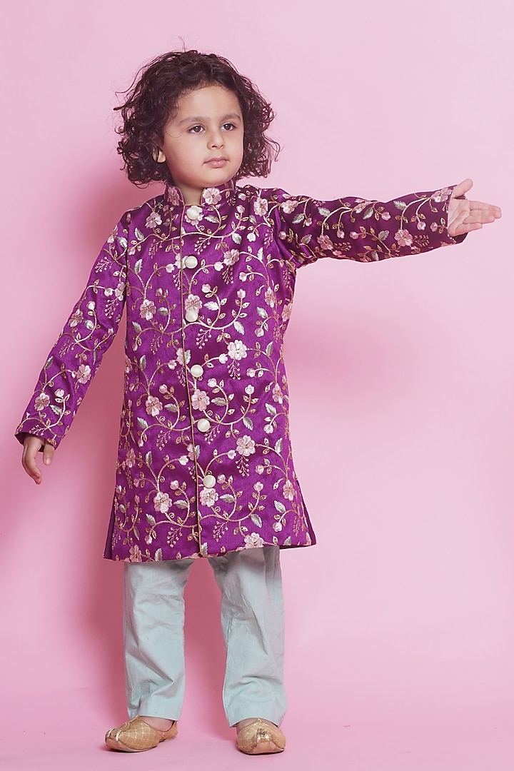 Purple Mulberry Silk Floral Embroidered Sherwani Set For Boys by Little Bansi at Pernia's Pop Up Shop