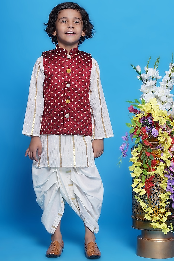 Maroon Mulberry Silk Embroidered Nehru Jacket Set For Boys by Little Bansi at Pernia's Pop Up Shop