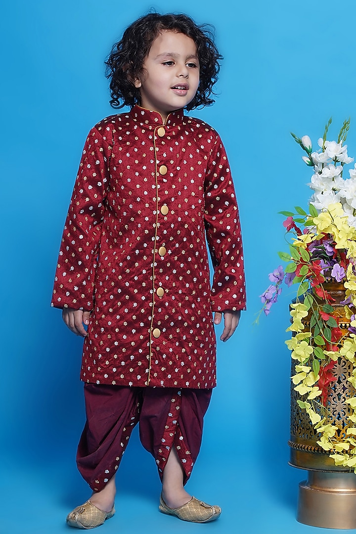 Maroon Mulberry Silk Floral Embroidered Sherwani Set For Boys by Little Bansi