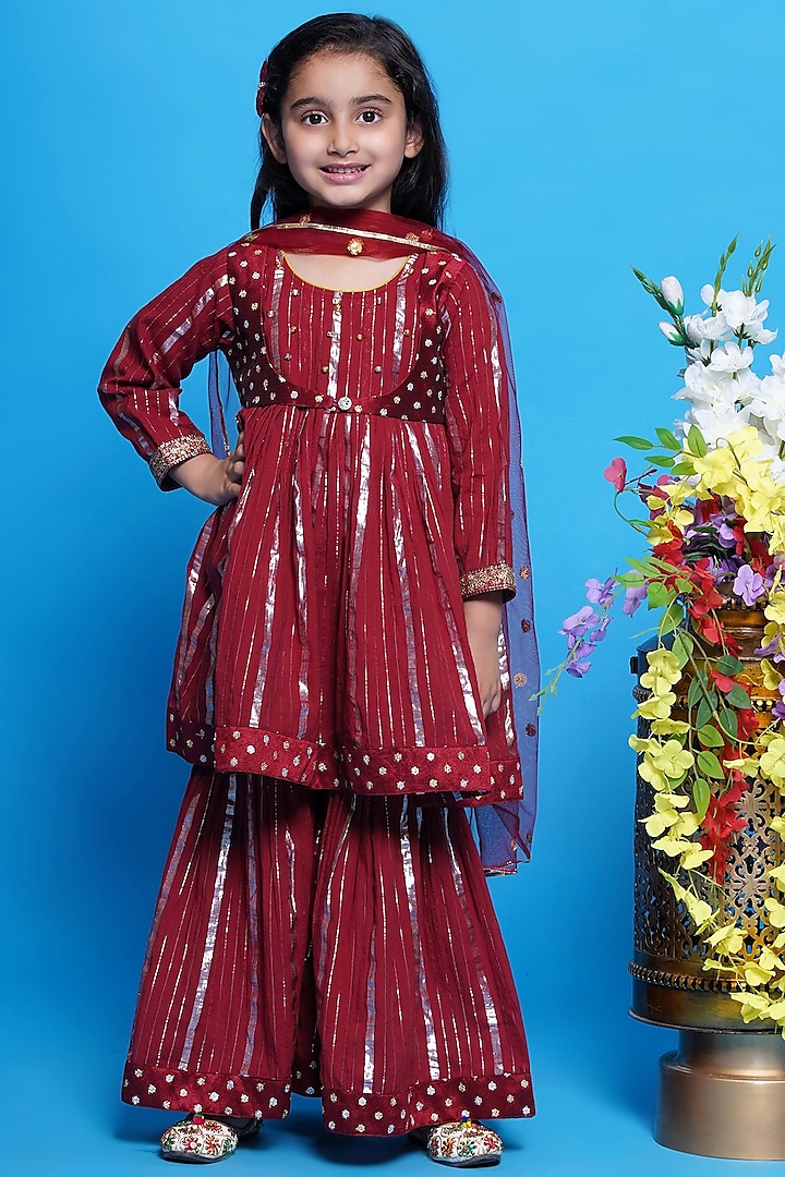 Maroon Cotton Printed Sharara Set For Girls by Little Bansi at Pernia's Pop Up Shop