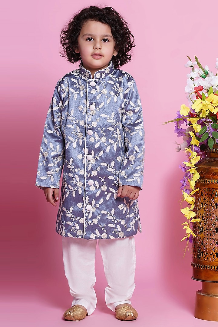 Grey Mulberry Silk Floral Embroidered Sherwani Set For Boys by Little Bansi at Pernia's Pop Up Shop