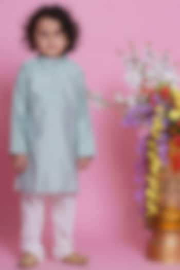 Dolphin Blue Chanderi Silk Embroidered Kurta Set Boys by Little Bansi at Pernia's Pop Up Shop