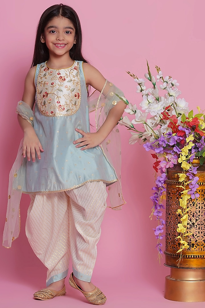 Dolphin Blue Chanderi Silk Embroidered & Printed Kurta Set Girls by Little Bansi at Pernia's Pop Up Shop