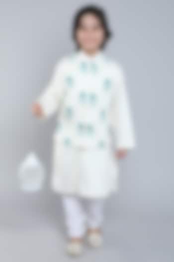 Ivory Pure Linen Block Printed & Hand Embroidered Nehru Jacket Set For Boys by Little Clothings